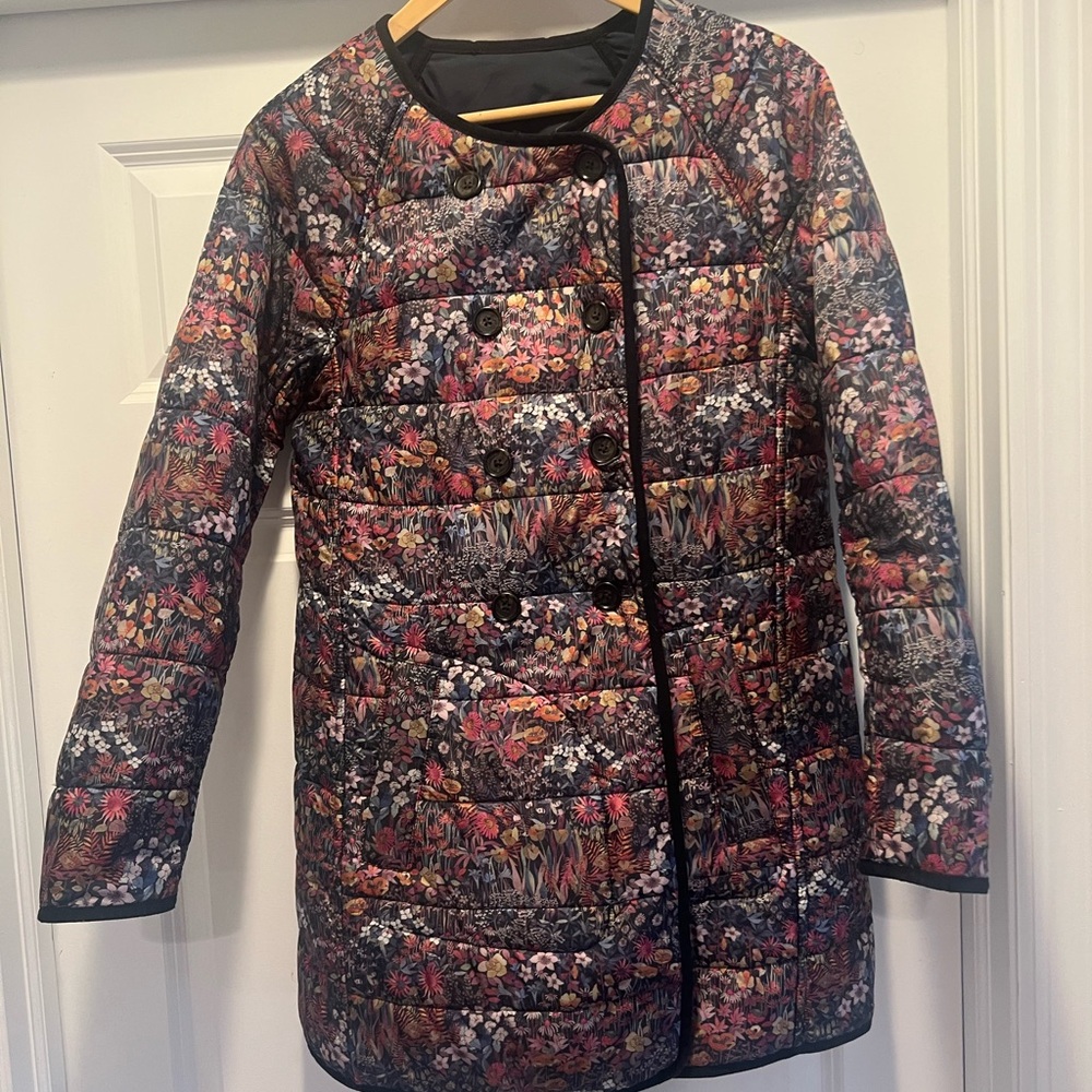 Jcrew navy, reversible to beautiful floral lightweight puffer jacket.